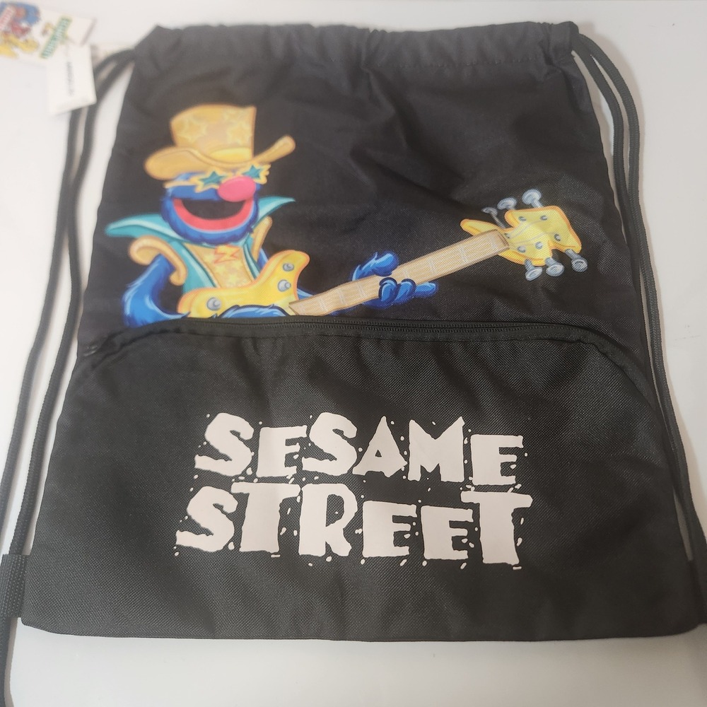 Miniso Sesame Street Grover Rockstar Drawstring Bag Black Cinch Sack New